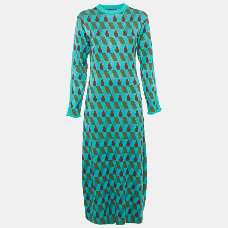 La Doublej. Green Diamond Jacquard Knit Leisure Dress Xs